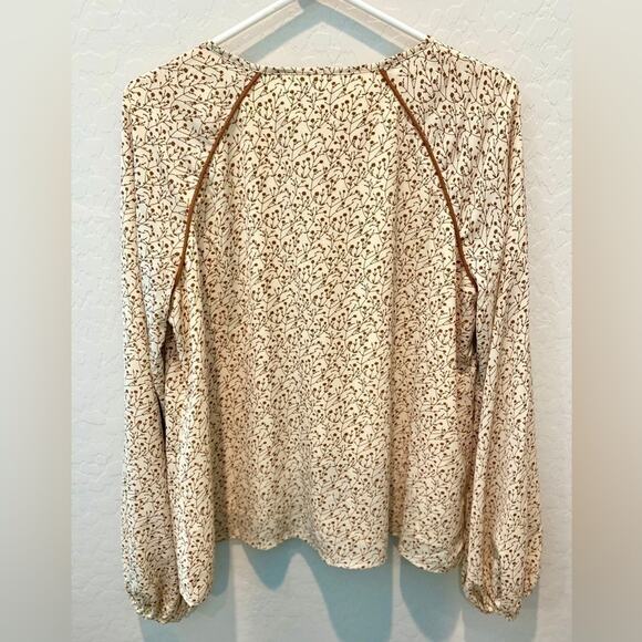 POLAGRAM | Cream Boho Floral Blouse Rust Tie Tassels | Size Medium - Picture 4 of 7